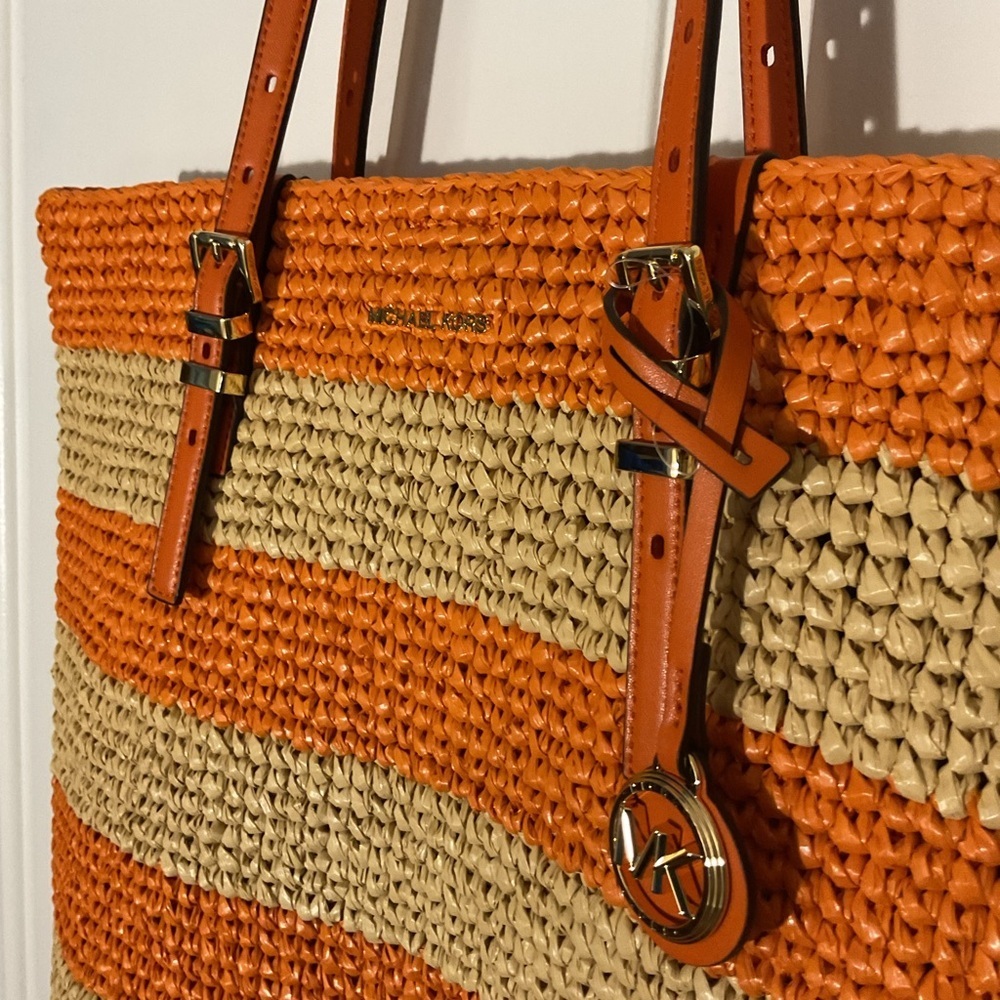 Michael Kors Quinn Straw Tote Orange Stripe Large Beach Travel  Bag Bold Coastal - Picture 7 of 10